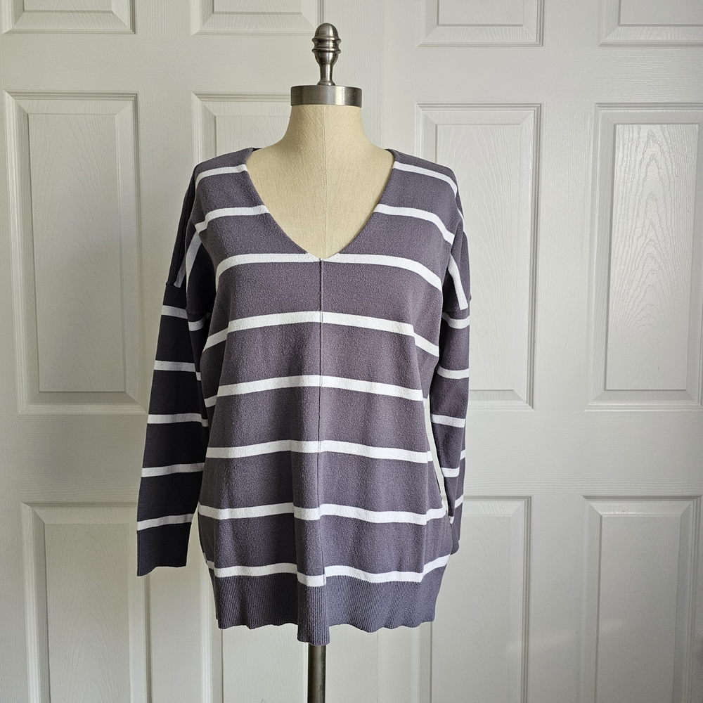 Torrid Gray and White Striped V-Neck Sweater